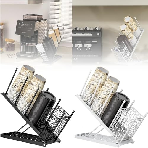 HEYOUTH Juego de 2 organizador de tazas de café desechables | Negro/Blanco con Cesta para Pajitas | 8 Alturas + 4 Niveles Extraíbles (100 Vasos) para Cafeterías y Oficinas
