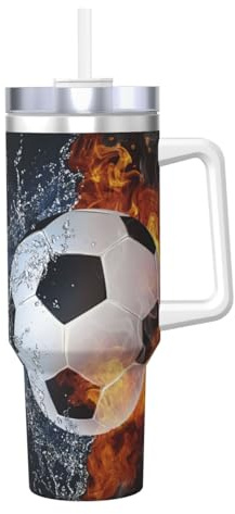 YWSOTRE Balón de fútbol en el agua en llamas,Botella de agua de acero inoxidable con asa para bebidas frías y calientes de 40 oz.