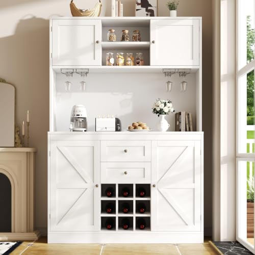 Lahoomu Küchenschrank mit verstellbaren Ablagen & Weinregal, Hochschrank Küchenbuffet mit 4 Türen & 2 Schubladen, Sideboard für Küche & Wohnzimmer, Buffetschrank, Weiß