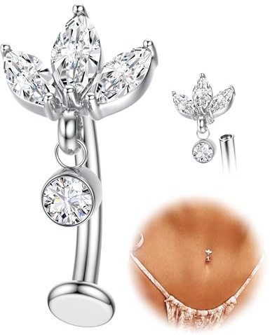 KRFY Navelpiercing titan guld silver allergivänlig navelpiercing 14G navelpiercingar hjärta blomma fjäril boll internt flytande navel piercing 10/12 mm, Longueur de barre 12mm, Kubisk Zirkonia, Kubisk
