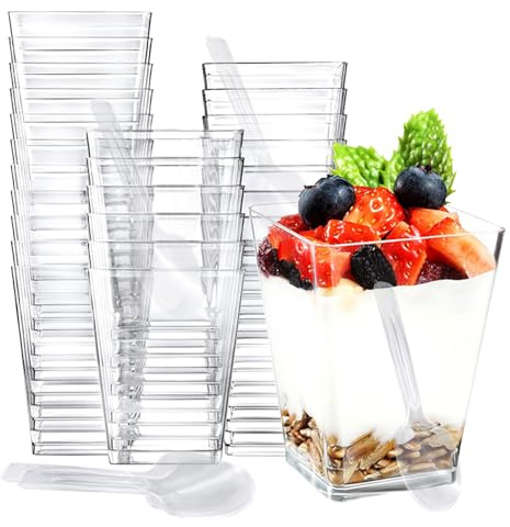 LUYIEDHA 25 vasos de postre de plástico con cucharas, reutilizables vasitos para postres para Cuadrados Transparentes,Vasos Aperitivo para Helado,Pudín,Mousse