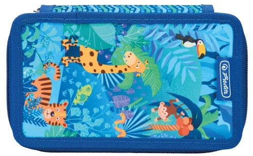 Herlitz Mäppchen 3-Fach mit Zubehör, Kinder Tasche für Schulutensilien, Funktionelles Utensilien Set für Schüler, Jungle Safari