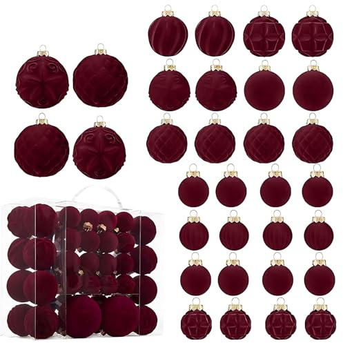 46 bolas de Navidad de terciopelo, bolas de Navidad irrompibles de plástico flocado, decoración de árbol de Navidad, bolas decorativas para el hogar y las fiestas (Burdeos)