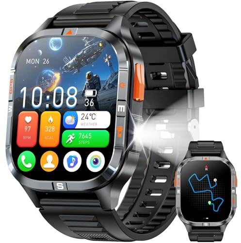 Military GPS Smart Watch for Men with Compass/Altitude/Flashlight，2.01 HD Screen smart watch with Voice Assistant/Bluetooth Calling，Smartwatch for Android&iOS, Activity Tracker Multiple Sport Modes