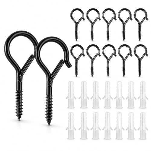 ALLY-MAGIC Screw in Hooks, 12 Pcs Q Hanger Hooks for Outdoor Christmas String Light, Safety Buckle, Fence Celling Black Screw Hook for Wood Wall Hanging Fairy Lights Plants Bird Feeders Cups H5LSG