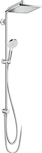 hansgrohe Crometta E - wassersparendes Duschsystem (EcoSmart) ohne Armatur, Regendusche (240 x 240 mm) mit Umsteller, Handbrause, Schlauch, Brausestange und eckiger Kopfbrause, Chrom, 27289000