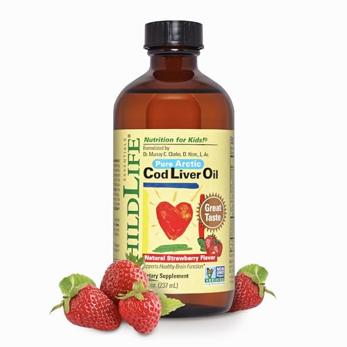 CHILDLIFE ESSENTIALS Cod Liver Oil for Kids - Kids Arctic Cod Liver Oil Liquid for Babies 6+ Months & Toddlers, Added DHA, EPA, Omega-3 Fatty Acids - Strawberry, 8 fl oz