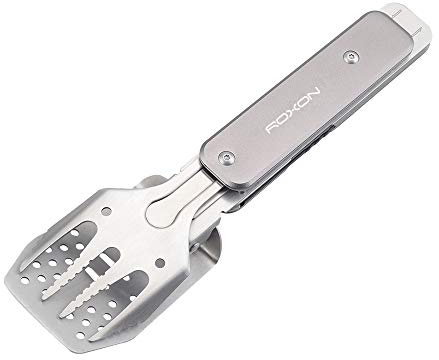 ROXON 4 in 1 Mini Folding BBQ Barbecue Combo Tool Set with Spatula, Fork, Tongs and Bottle Opener for Hiking Camping (Grey)