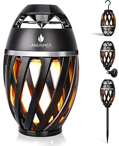 ANERIMST Enceinte d'extérieur avec perche et crochet, effet flamme vacillante, lanterne de table LED, étanche, pour jardin, terrasse, haut-parleurs stéréo pour iPhone/iPad/Android