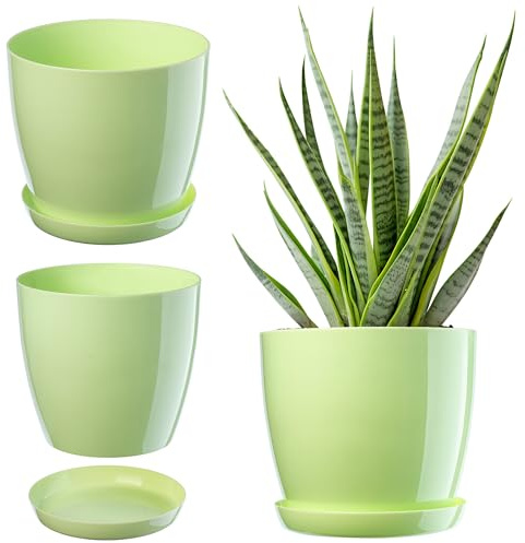 KADAX Élégant Pot à Fleurs/Plantes avec Soucoupe Forme Ronde et élégante en Plastique léger pour l’intérieur et la Maison Cache-Pot pour Fleurs, Plantes Ø 14 cm Vert Clair