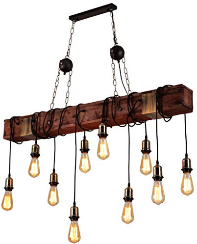 E27 Vintage Industrie Kronleuchter Holz Pendelleuchte Metalllampe 10 Glühbirne Industrie Retro Hangelampe Höhenverstellbare Vintage Deckenleuchte Raumlampe Bar Leuchter Wohnzimmer Weinleseleuchter