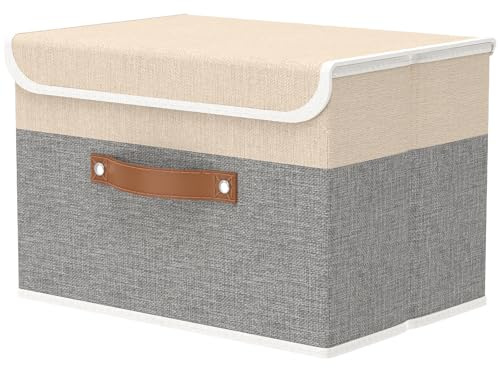 OUTBROS 1 Piezas Cajas Almacenaje con Tapa Plegable, 45x30x30cm, Gris/Beige | Cajas de Almacenamiento con Mango, Organizadoras de Tela, Almacenaj Ropa, para Dormitorios