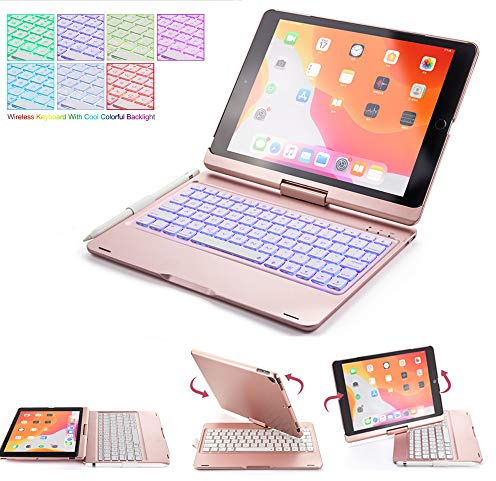 QYiD Funda con Teclado para 9.7 iPad 2018 (6ª Gen) - 2017 (5ª Gen) - iPad Pro 9.7 - Air 2 & 1, 7 Colores Retroiluminación Teclado Bluetooth Giratorio de 180° Funda de Aluminio, Oro Rosa