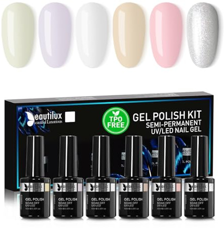 Beautilux Gel Nagellack Semipermanent Ohne-TPO Ohne-HEMA Weiß, 6 Farben 10ml Soak Off Gel Nagellack Set für Home-Maniküre Nail Art Maniküre (YT-12)