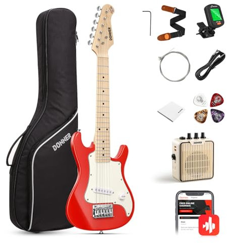 Donner E-Gitarre Set Anfänger Junior Kit ST-Stil 30 Zoll Mini Gitarren Premium Bundle mit Verstärker, Stimmgerät, Kapodaster, Tasche, Gurt, Saite, Kabel (DSJ-100, Rot)