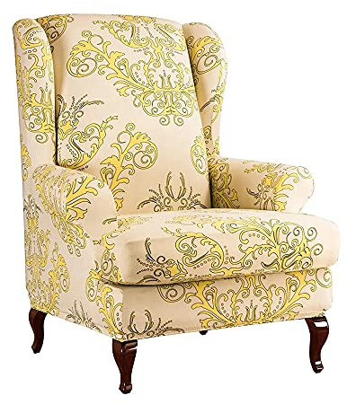 Highdi 2-Teilig Ohrensessel Bezug Stretch Sesselüberwürfe Vintage klassisches Barock Muster Elastisch Sesselhusse Husse für Ohrensessel Relaxsessel Fernsehsessel mit Armlehne (Gelb)
