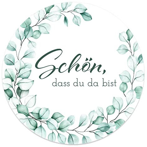 Aufkleber Schön dass du da bist 4,5 cm - Hochzeit Sticker ideal für Gastgeschenk in vielen verschiedenen Designs (20x Stück, Eukalyptus Kranz)