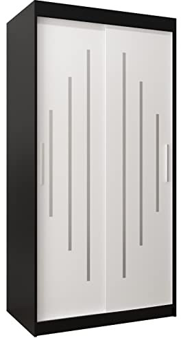 MEBLE KRYSPOL Schwebetürenschrank York 100 cm Kleiderschrank mit Kleiderstange und Einlegeboden Schlafzimmer- Wohnzimmerschrank Schiebetüren Modern Design (Schwarz + Weiß)