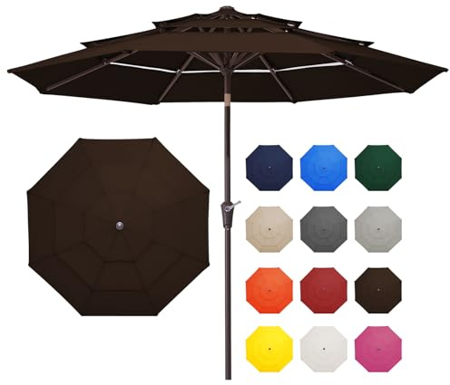 JEAREY 9FT 3 Tier Patio Umbrella Outdoor Market Umbrella Table Umbrellas with Button Tilt and Crank UV Protection Outside Garden Pool Umbrella,Coffee