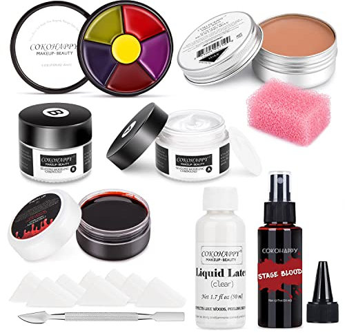 SFX Makeup Kit Halloween schminke set, kunstblut Blut Spray, flüssiglatex, latexmilch, Narben Wachs, Silikon Modellierung Compound, 6-Farben Bruise Gesicht Körperfarbe für Zombie Monster Cospaly