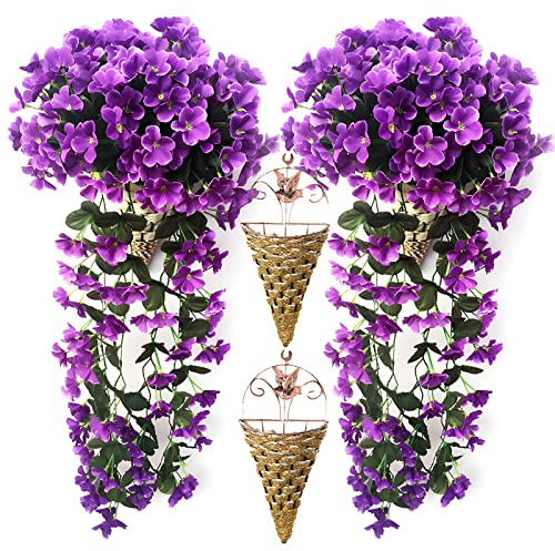 2 Pcs Artificial Hanging Baskets Outdoor With Flowers, Hanging Baskets With Flowers For Garden Wall Fence Wedding Balcony Outdoor Inside Door Decoration,Purple