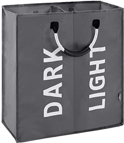 DOKEHOM 80L Large Collapsible Washing Laundry Basket Bag with 2 Sections for Bedroom, Fabric (Dark Grey)