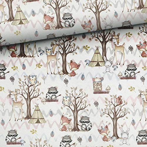 50x165cm French Terry Stoff für Kinder mit Tiere - Kinderstoffe mit Waldtiere - Stoffe zum Nähen für Kinder & Baby mit Waldtiere - Sommersweat mit Fuchs Reh Eule Hase - keine Meterware - Waldfreunde