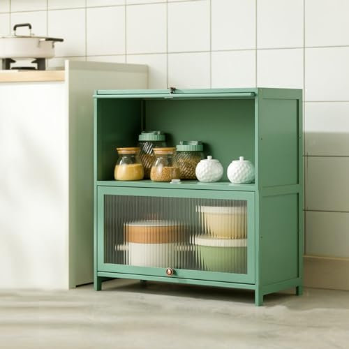 ARMERI Küchenvorratsschrank mit Acryltüren und Einlegeböden, Hochschrank Freistehender Bodenschrank Schrank für Küche, Wohnzimmer, Esszimmer,Grün,80x33x73cm