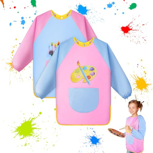 OSDUE 2 Stück Malschürze mit Taschen, Wasserdicht Malkittel für Schule, Kunst, Malerei, Kochen, Laboraktivität, Junge/Mädchen