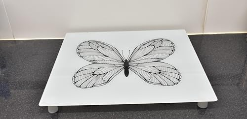 Deenz 60X52Cm White Butterfly Sketch Universal Hob Cover Plate Tempered Glass Worktop Saver Dishwasher Safe 5Mm All Types of Cookers (Hob Cover 4 Feets)
