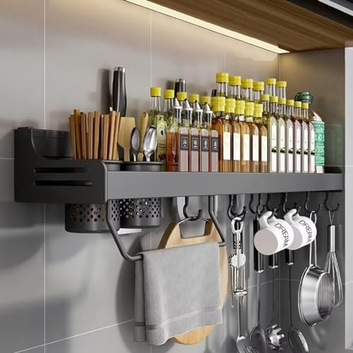 ZOKT Gewürzregal Küche Ohne Bohren, Gewürzregal Wand, Gewürzhalter Organizer Hängend, Gewürzregal Hängend, Hängend Spice Rack, Küchenregal Wand, Schwarz, 40cm