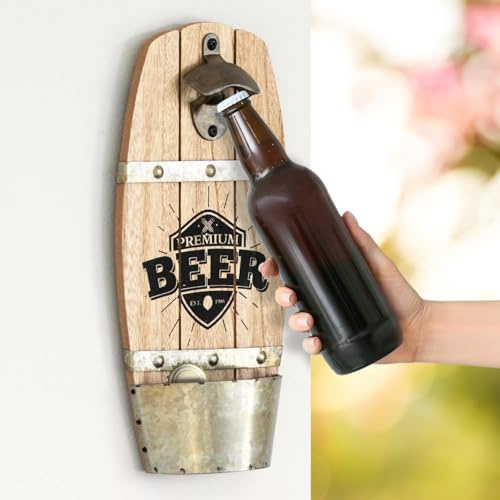 Marco Paul Décapsuleur mural en forme de tonneau de bière pour bar, cuisine en bois de style rétro vintage (logo de bière de qualité supérieure)