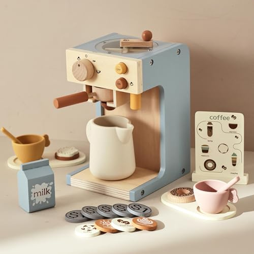 Mamimami Home Kaffeemaschine Kinder mit Mühle, Siebträger, Kaffeehaus 22-Teilig HolzSpielzeugset, Espressomaschine Imitation Barista Kinder, Geeignet für Kleinkinder ab 3 Jahren