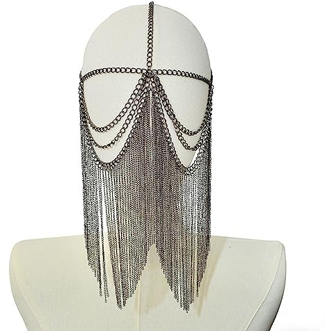 Maxtonser Elegante maschera in metallo con catena per il viso, gioiello gotico punk, nappe, copricapo, per feste e balli