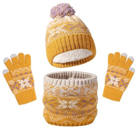DURINM 3 Stück Kinder Wintermütze Schal Handschuhe Mädchen Set Kindermütze Strickmütze Kinder Mütze Mütze Loop Touchscreen Jahre Thermo Schlauchschal Fäustlinge Kleinkinder Strick Jungen Mädchen