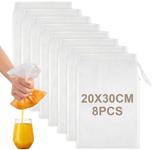 8Pcs Muslin Bag Cloths for Cooking Straining,Cheese Cloth,Reusable Nut Milk Bags,Yogurt Strainer,Tea Filter Bags,Nylon (100 Mesh 20X30CM)