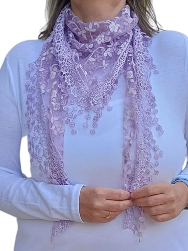 Glitter Floral Triangle Scarf with Lace & Embroidery, 8 colours (Lilac)