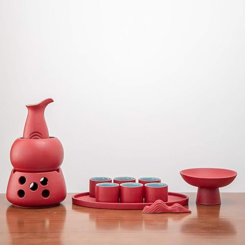 Set per sakè con scaldavivande, set tradizionale per sakè caldo in ceramica da 12 pezzi, tra cui 1 fornello a candela, 1 tazza scaldavivande, 1 pentola per sakè, 6 tazze per sakè, 1 vassoio, 1 poggia