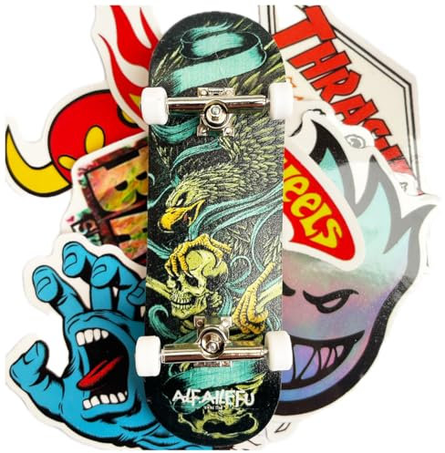 OLLIE TRICK Finger Skate Profi Holz Finger Skateboard mit Zubehör in Geschenkbox und 20 Stickern (Skull & Hawk)