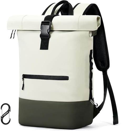 Reiseresa Rolltop Backpack Women Men Waterproof Backpack Large Laptop Backpack Travel Backpack with Multifunctional Climbing Buckle for Travel, Work, University School, Beige with green, 15.6 Zoll,