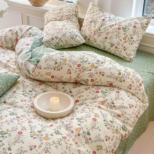 Michorinee Bettwäsche 140x200 Baumwolle Beige Grün Blumen Blätter Pflanzenmuster Bettbezug Set 2 Teilig Floral Blümchen Blumenmuster Weich Bettwäsche-Sets mit 1 Kissenbezüge 70x90cm und Reißverschluss