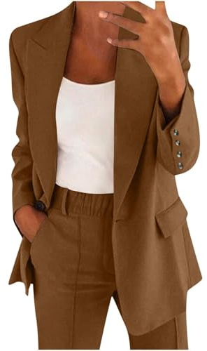 Elegant bröllopskostym för kvinnor | 2-delat set långärmad knapp blazer med hög midja byxor för företag arbete kontor formella byxor kostymer blazer kostym set kvinnor rea plus size, Kaffe, XXL