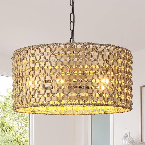 Schindora Boho - Lampadario da soggiorno, 45 cm, 5 luci, in rattan e bambù, a sospensione in tessuto, a mano, da cucina, da fattoria E27, per camera da letto, soggiorno, sala da pranzo