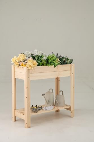 GOPLUS Cama Elevada de Jardín, Jardinera de Madera de Pino con Amplio Espacio de Cultivo y Estante Inferior, Estructura de Listones, Huerto para Flores, Plantas y Frutas, Aspecto Personalizable DIY
