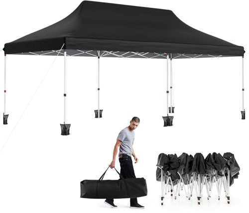 GOPLUS Tonnelle Pliante 3x6m Imperméable, Tonnelle Barnum Pliante 3x6 de Jardin Exterieur, Sac de Transport, Sac Lesté, Pavillon de Jardin Pop-Up pour Fête, Mariage (Noir|sans Bâche)