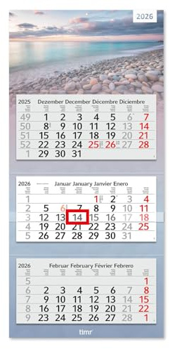 Timr 3-månaderskalender 2026 - väggkalender 3 månader med skjutare - 70 cm tremånaderskalender flerspråkig D/GB/F/ES I motiv hav I tr331