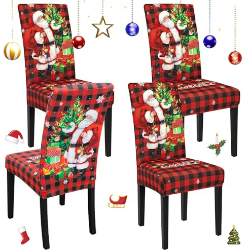 Zuxbolf 4er Set Weihnachten Stuhlhussen Elastische Weihnachtsstuhlbezug Weihnachtsmann Weihnachtsstuhlhussen Abnehmbare Waschbare Universal Stretch Stuhlüberzieher für Esszimmer Hotel Party Deko