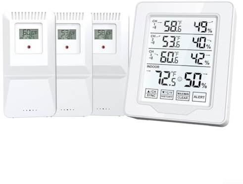HpLive WLAN Innen- und Außenthermometer mit 3 Sensoren, 150 m Reichweite, Hintergrundbeleuchtung, für Haus, Garten, Büro, Weiß