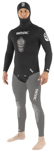 SEAC Seal Jacket - Mens Two Piece 3mm Neoprene Jacket with Hood | Freediving & Fishing Diving | Open Cell Interior, Aquastop Face Wrists & Ankles, Stretch Neoprene