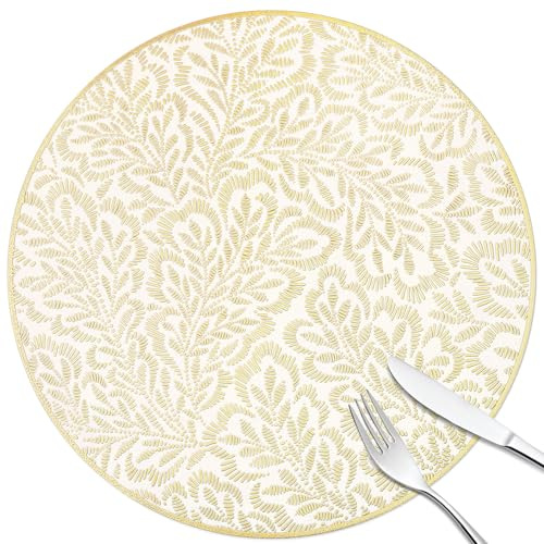 fanquare Tovaglietta Rotonda PVC Oro con Stampa Foglia d'Oro 6 pezzi,38cm Tovagliette da Tavola Eleganti Lavabili Impermeabili Antiscivolo per Cucina Sala da Pranzo e Feste
